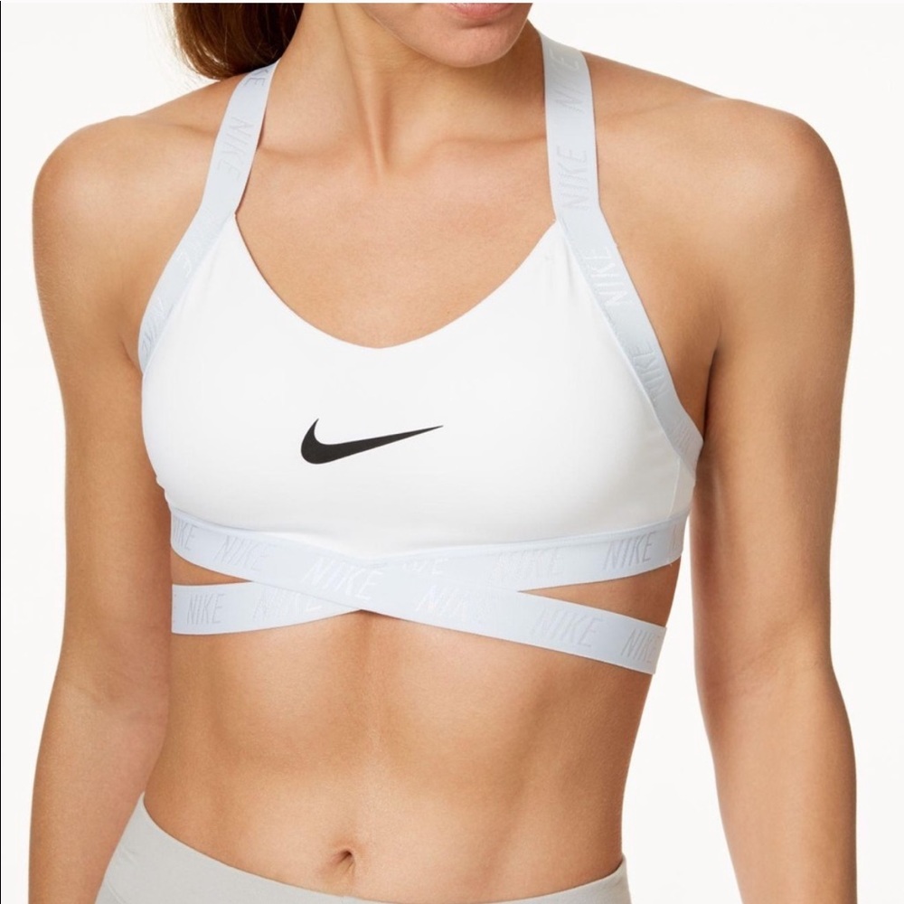 Nike White Sports Bra with Black Swoosh and Light Gray Straps